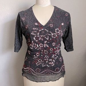 Louis Fashion Vintage Y2k V-Neck Floral Shimmer Top Gray And Red